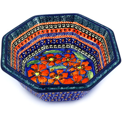 Polish Pottery Octagonal Bowl 7&quot; Poppies UNIKAT