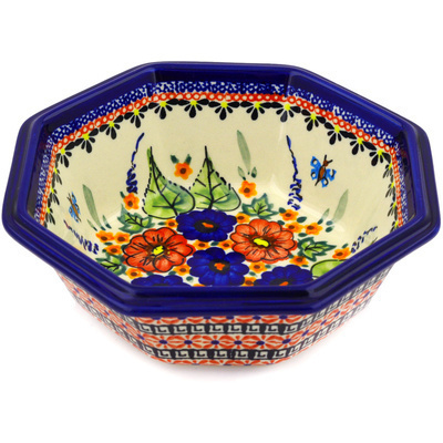 Polish Pottery Octagonal Bowl 7&quot; Spring Splendor UNIKAT