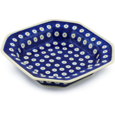 Polish Pottery Octagonal Bowl 8" Blue Eyed Peacock