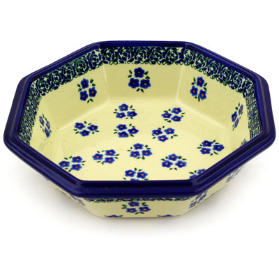 Polish Pottery Octagonal Bowl 8&quot; Forget Me Not Dots