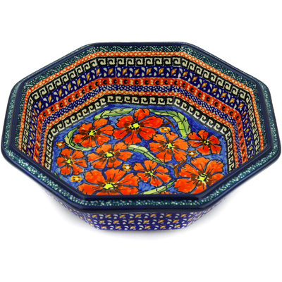 Polish Pottery Octagonal Bowl 8&quot; Poppies UNIKAT