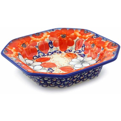 Polish Pottery Octagonal Bowl 8&quot; Poppy Passion UNIKAT