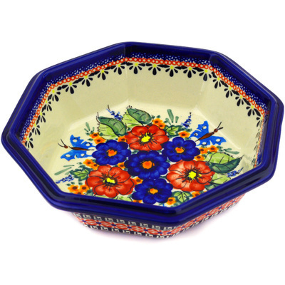 Polish Pottery Octagonal Bowl 8&quot; Spring Splendor UNIKAT