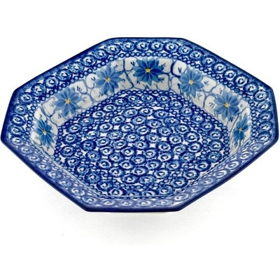 Polish Pottery Octagonal Bowl 9&quot; Winter Water Daisies UNIKAT