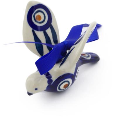 Polish Pottery Ornament Bird 3&quot; Peacock Leaves