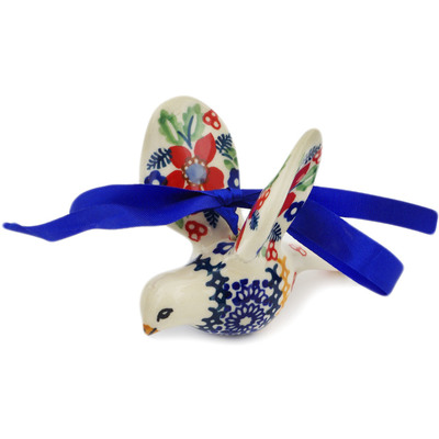 Polish Pottery Ornament Bird 3&quot; Ruby Bouquet UNIKAT