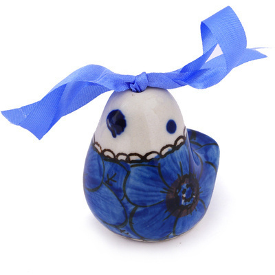 Polish Pottery Ornament Bird Bell 2&quot; Cobalt Poppies UNIKAT