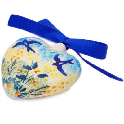 Polish Pottery Ornament Heart 3&quot; Birds In The Sunset UNIKAT