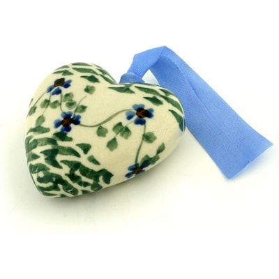 Polish Pottery Ornament Heart 3&quot; Lucky Blue Clover