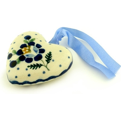 Polish Pottery Ornament Heart 3&quot; Orange And Blue Flower