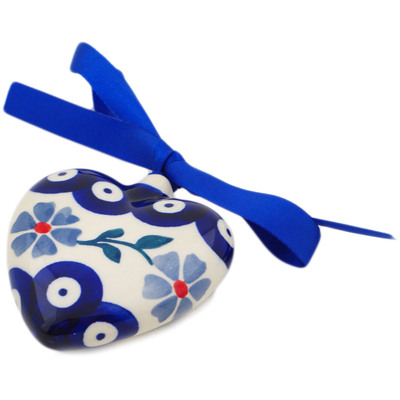Polish Pottery Ornament Heart 3&quot; Peacock Forget-me-not