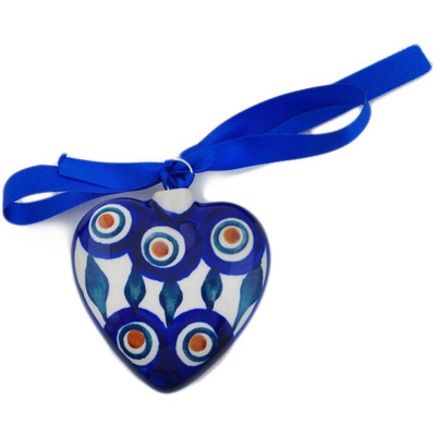 Polish Pottery Ornament Heart 3&quot; Peacock Leaves