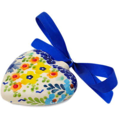 Polish Pottery Ornament Heart 3&quot; Vibrant Hanging Garden UNIKAT