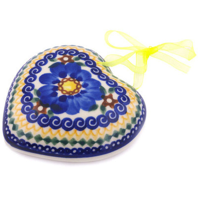 Polish Pottery Ornament Heart 4&quot; Flooding Blues UNIKAT