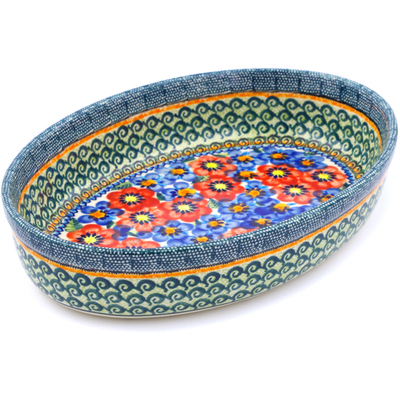 Polish Pottery Oval Baker 11&quot; Blue And Red Poppies UNIKAT