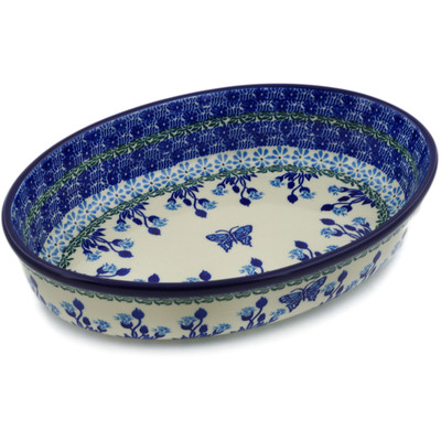 Polish Pottery Oval Baker 11&quot; Blue Butterfly