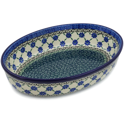 Polish Pottery Oval Baker 11&quot; Blue Daisies