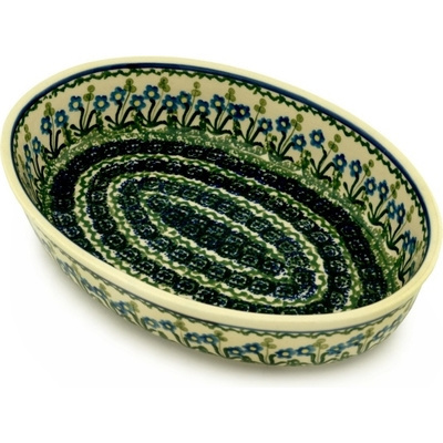 Polish Pottery Oval Baker 11&quot; Blue Daisy Circle