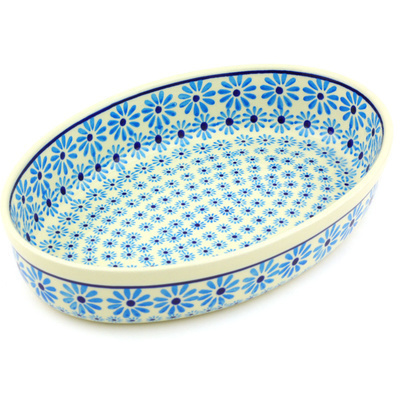 Polish Pottery Oval Baker 11&quot; Blue Daisy Delight