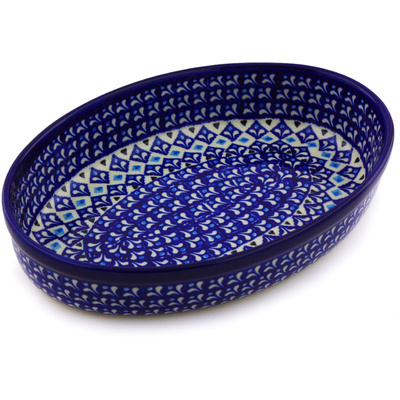 Polish Pottery Oval Baker 11&quot; Blue Diamond Dream