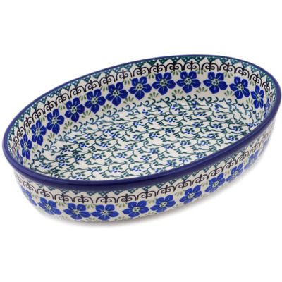 Polish Pottery Oval Baker 11&quot; Blue Dogwood