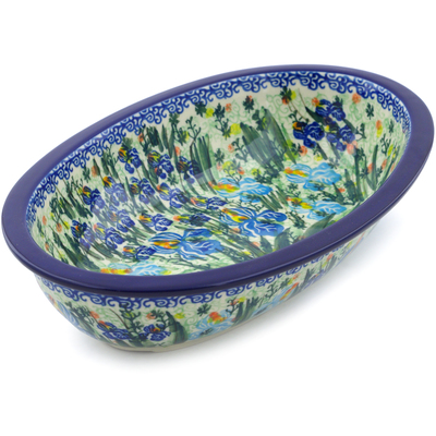 Polish Pottery Oval Baker 11&quot; Blue Iris Delight UNIKAT