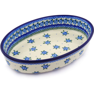 Polish Pottery Oval Baker 11" Bluebuds