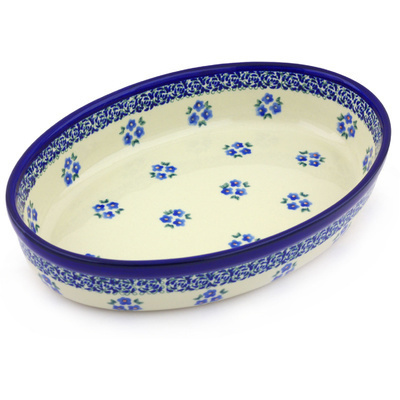 Polish Pottery Oval Baker 11&quot; Forget Me Not Dots