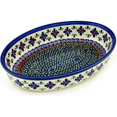 Polish Pottery Oval Baker 11&quot; Gingham Flowers