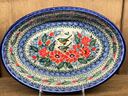 Polish Pottery Oval Baker 11&quot; Green Bird Meadow UNIKAT