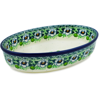 Polish Pottery Oval Baker 11&quot; Green Flora