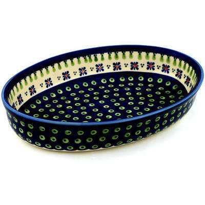 Polish Pottery Oval Baker 11&quot; Green Gingham Peacock