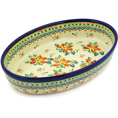 Polish Pottery Oval Baker 11&quot; Orange Clematis