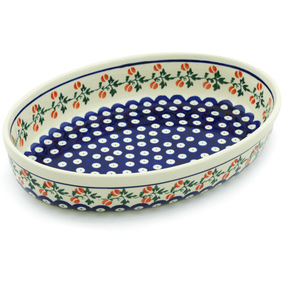 Polish Pottery Oval Baker 11&quot; Peachy Peacock