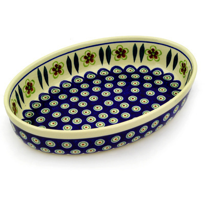 Polish Pottery Oval Baker 11&quot; Peacock Garden