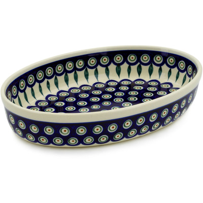 Polish Pottery Oval Baker 11&quot; Peacock Leaves