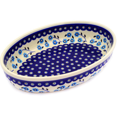 Polish Pottery Oval Baker 11&quot; Peacock Poppies