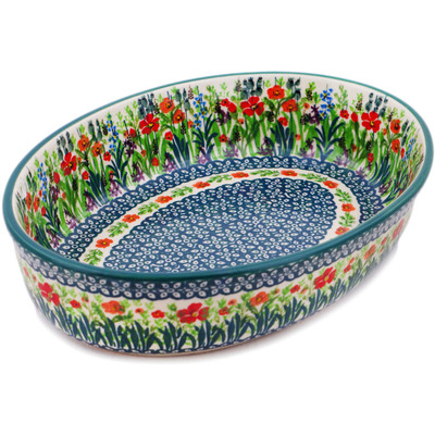 Polish Pottery Oval Baker 11&quot; Red Garden UNIKAT