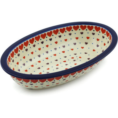 Polish Pottery Oval Baker 11&quot; Red Hearts Delight