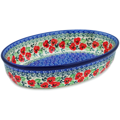Polish Pottery Oval Baker 11&quot; Red Pansy