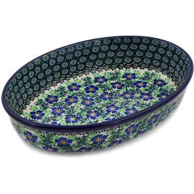 Polish Pottery Oval Baker 11&quot; Swirling Emeralds