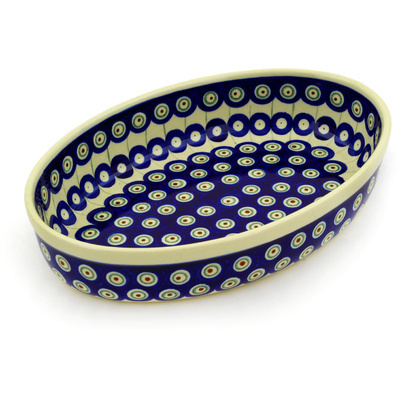 Polish Pottery Oval Baker 11&quot; Traditional Peacock