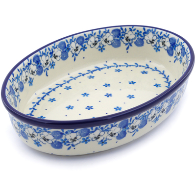 Polish Pottery Oval Baker 11" White Pansy