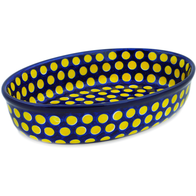 Polish Pottery Oval Baker 11" Yellow Dots