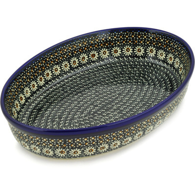 Polish Pottery Oval Baker 12" Black Daisy