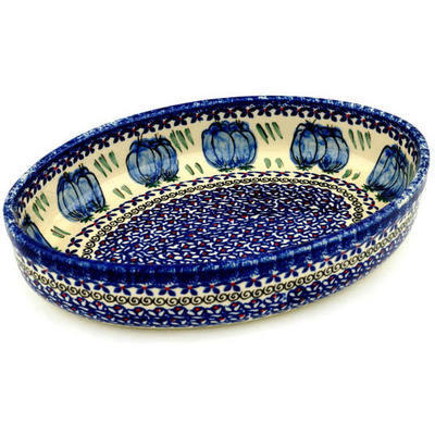 Polish Pottery Oval Baker 12&quot; Blue Bulbs