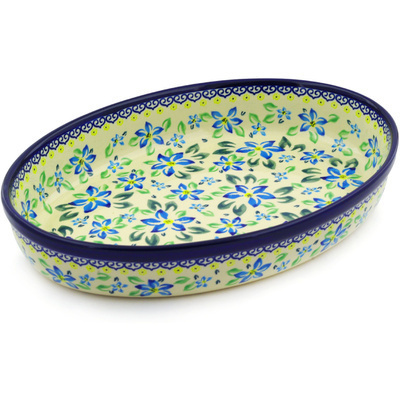 Polish Pottery Oval Baker 12&quot; Blue Clematis