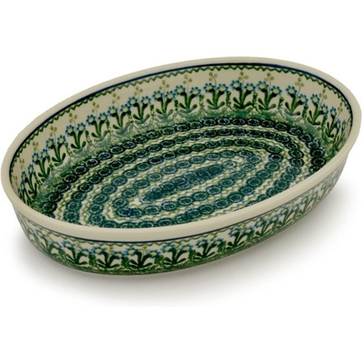 Polish Pottery Oval Baker 12&quot; Blue Daisy Circle