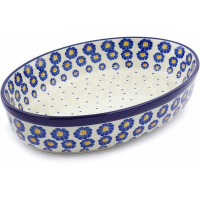 Polish Pottery Oval Baker 12&quot; Blue Zinnia