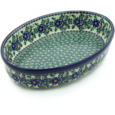Polish Pottery Oval Baker 12&quot; Emerald Dots And Daffodi UNIKAT